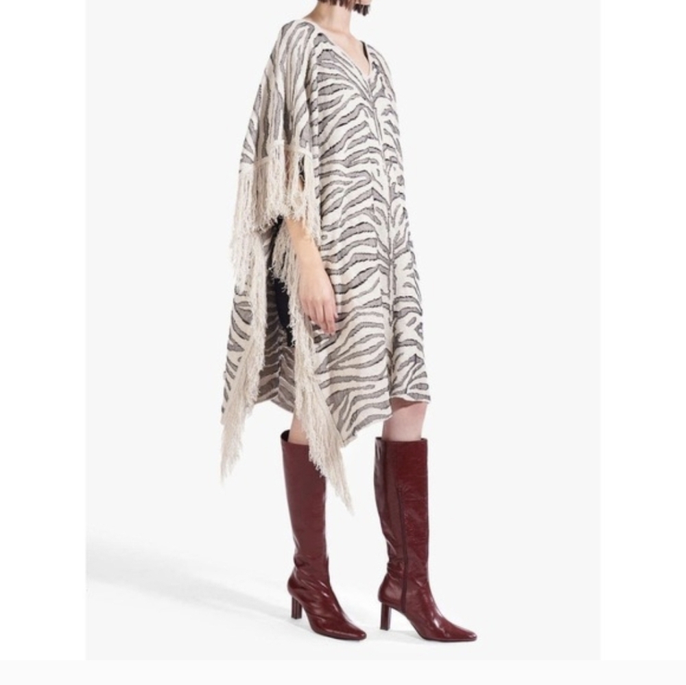 STAUD Fringe Knit Kimono Poncho Dress Animal Print V-neck Slit Sides Flowy S